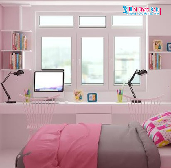 Mẫu bàn học màu hồng dễ thương cho bé
